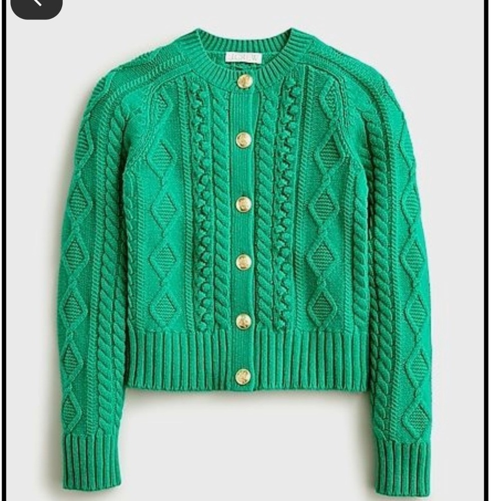 J.Crew Women's Emerald Green Cable Knit Cardigan Gold Crest Button Sweater- S